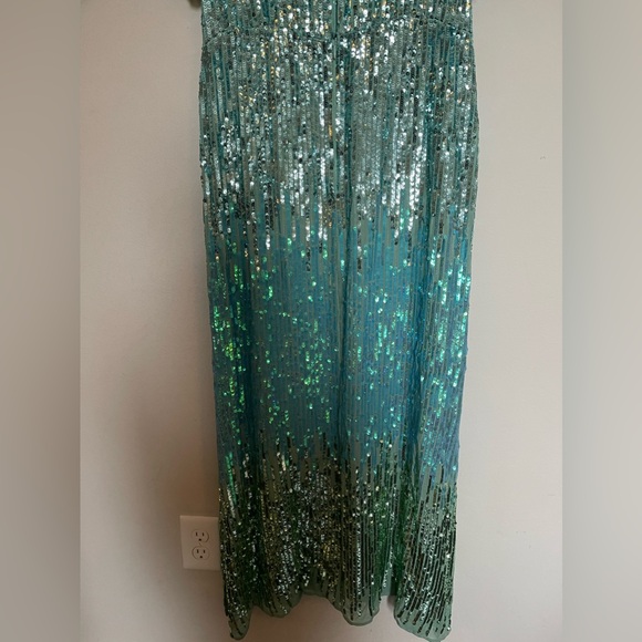 Rixo Sequin Ombré Aqua Turquoise Green Flutter Sleeve Midi Dress Gown - Picture 9 of 10